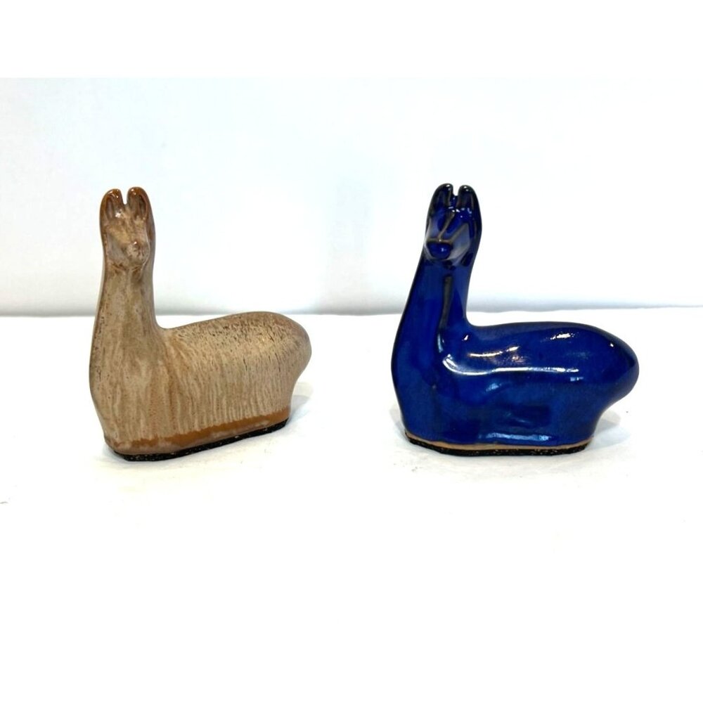 Glazed Studio Art Hand Made Clay Pottery Set Miniature Llamas Natural Blue Gloss